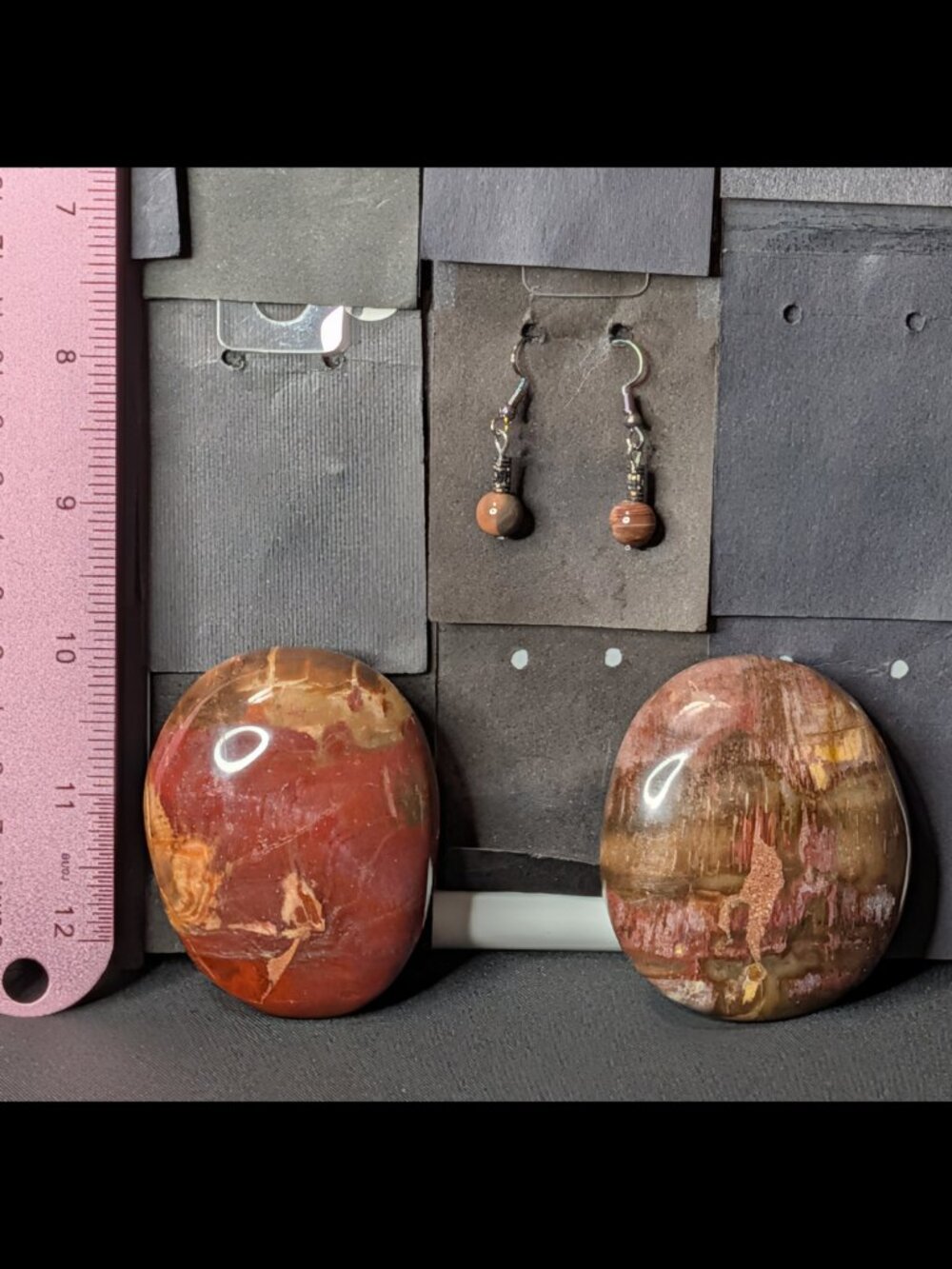 Bundle of PETRIFIED WOOD Earrings & Matching Pair of PALM STONES 2.25 in x 2 in